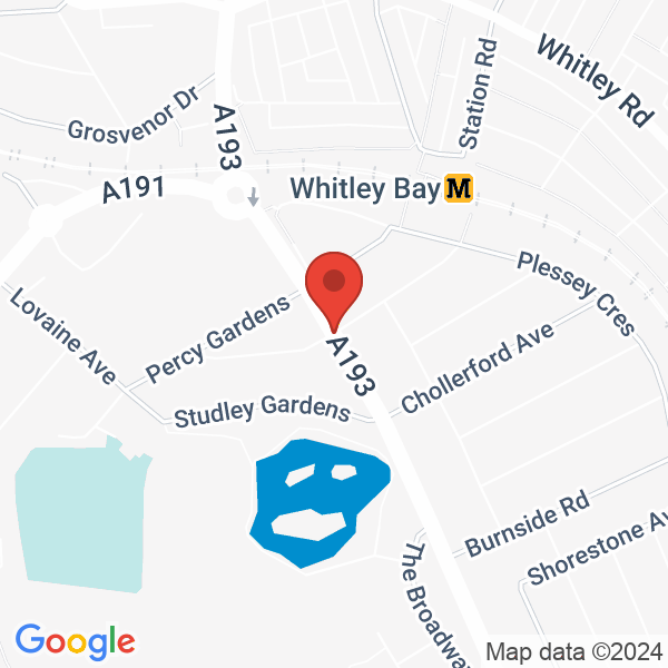 Location map of Whipley Reservoir at Marden Road South, Whitley Bay, NE25 8, North Tyneside, United Kingdom. GPS coordinates: 55.038258,-1.445183